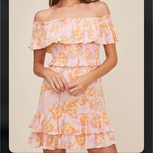 ASTR The Label Riviera Floral Off Shoulder Dress in Pink Papaya - Picture 3 of 12